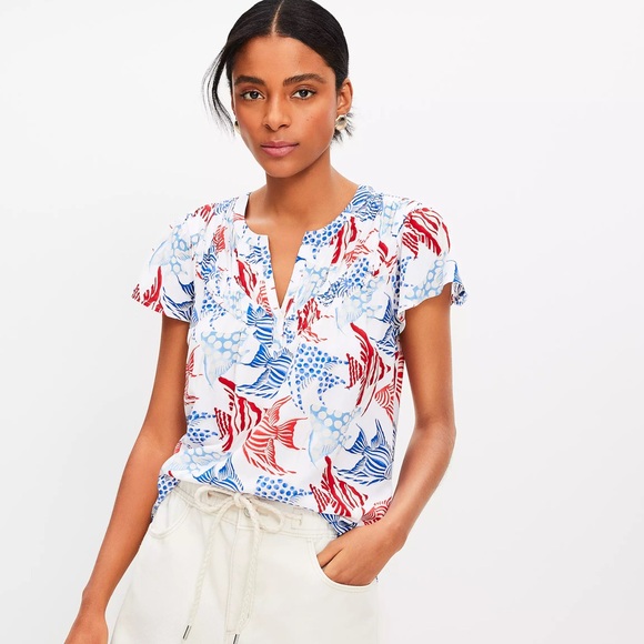 LOFT Fish Shirred V-Yoke Mixed Media Top - Picture 2 of 4